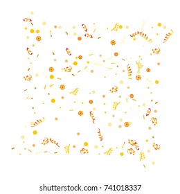 Gold Confetti and serpentine, bright colorful background, cute and fun decoration on white. Vector illustration for party, carnival, festive holiday.