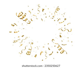 Gold confetti, serpentine ribbons vector background, isolated on white backdrop. Explosion, burst. Copy space at the center. Festive illustration for holiday, birthday celebration design.