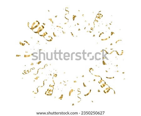Gold confetti, serpentine ribbons vector background, isolated on white backdrop. Explosion, burst. Copy space at the center. Festive illustration for holiday, birthday celebration design.