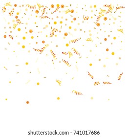 Gold Confetti and serpentine set, bright colorful background, cute and fun decoration on white. Vector illustration for party, carnival, festive holiday.