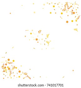 Gold Confetti and serpentine set, bright colorful background, cute and fun decoration on white. Vector illustration for party, carnival, festive holiday.