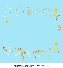 Gold Confetti and serpentine set, bright colorful background, cute and fun decoration. Vector illustration for celebration, party, carnival, festive holiday. Design for cards, invitations