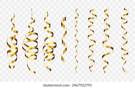 Gold confetti. Serpentine spiral ribbons. Golden luxury party decor. For anniversary, Christmas and New Year card. Fun streamers for sale design, wedding invitation. Vector illustration EPS10.