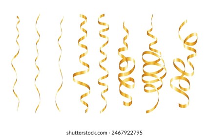 Gold confetti. Serpentine spiral ribbons. Golden luxury party decor. For anniversary, Christmas and New Year card. Fun streamers for sale design, wedding invitation. Vector illustration EPS10.