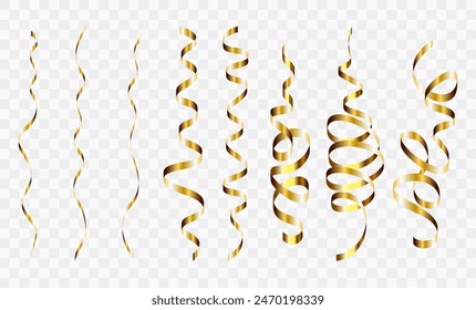 Gold confetti. Serpentine spiral ribbons. Golden luxury party decor. For anniversary, Christmas and New Year card. Fun streamers for sale design, wedding invitation. Vector illustration EPS10.