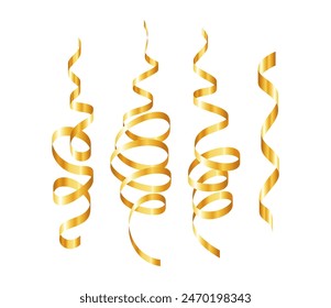 Gold confetti. Serpentine spiral ribbons. Golden luxury party decor. For anniversary, Christmas and New Year card. Fun streamers for sale design, wedding invitation. Vector illustration EPS10.