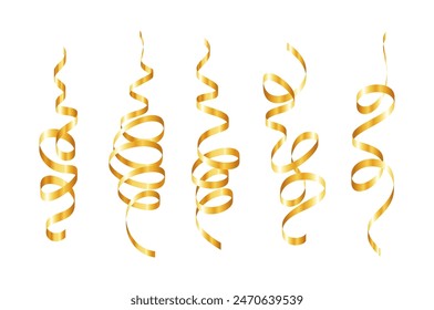 Gold confetti. Serpentine spiral ribbons. Golden luxury party decor. For anniversary, Christmas and New Year card. Fun streamers for sale design, wedding invitation. Vector illustration EPS10.