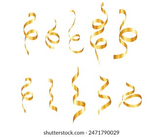 Gold confetti. Serpentine spiral ribbons. Golden luxury party decor. For anniversary, Christmas and New Year card. Fun streamers for sale design, wedding invitation. Vector illustration EPS10.