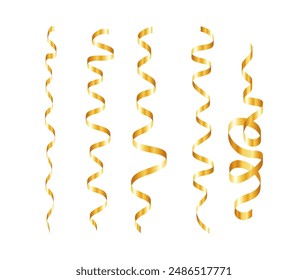 Confeti dorado. Serpentine cintas en espiral. Lujosa decoración de fiesta dorada. Para aniversario, Navidades y tarjeta de Nuevo año. Streamers divertidos para el diseño de la venta, invitación de boda. Ilustración vectorial EPS10.