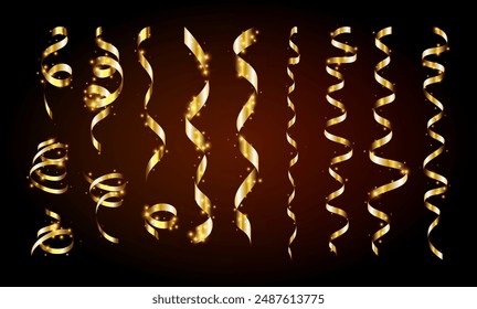 Gold confetti. Serpentine spiral ribbons. Golden luxury party decor. For anniversary, Christmas and New Year card. Fun streamers for sale design, wedding invitation. Vector illustration EPS10.