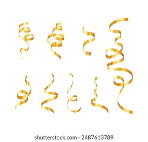 Gold confetti. Serpentine spiral ribbons. Golden luxury party decor. For anniversary, Christmas and New Year card. Fun streamers for sale design, wedding invitation. Vector illustration EPS10.