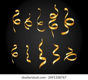 Gold confetti. Serpentine spiral ribbons. Golden luxury party decor. For anniversary, Christmas and New Year card. Fun streamers for sale design, wedding invitation. Vector illustration EPS10.