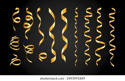 Gold confetti. Serpentine spiral ribbons. Golden luxury party decor. For anniversary, Christmas and New Year card. Fun streamers for sale design, wedding invitation. Vector illustration EPS10.