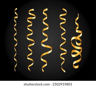 Gold confetti. Serpentine spiral ribbons. Golden luxury party decor. For anniversary, Christmas and New Year card. Fun streamers for sale design, wedding invitation. Vector illustration EPS10.