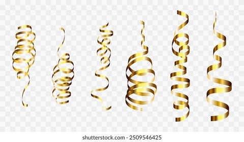 Gold confetti. Serpentine spiral ribbons. Golden luxury party decor. For anniversary, Christmas and New Year card. Fun streamers for sale design, wedding invitation. Vector illustration EPS10.
