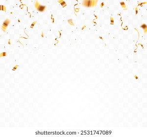 Gold confetti. Shiny ribbons falling on abstract background. Design template for party celebration and birthday banner background, confetti,