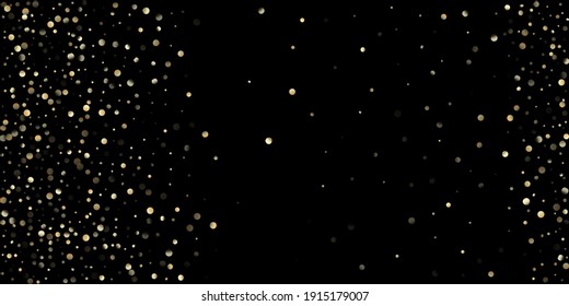 Gold Confetti Shower on Black. Premium New Year Christmas Celebration Frame. VIP Gold, Silver Sparkles Winter Confetti. Golden Sequins, Falling Down Xmas Stars. Golden Sequins, Falling Stars