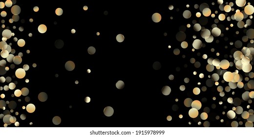 Gold Confetti Shower on Black. Premium New Year Christmas Celebration Background. VIP Gold, Silver Glitter Winter Confetti. Golden Sequins, Falling Down Xmas Stars. Golden Sequins, Falling Stars