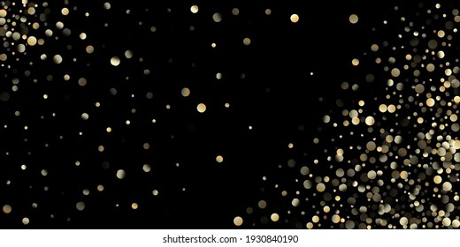 Ducha de Confetti de oro en negro. Costoso patrón de celebración de Año Nuevo. Círculos dorados, Bokeh de Navidad que cae. VIP Gold, Silver Foil Winter Confetti. Círculos dorados, Bokeh navideño