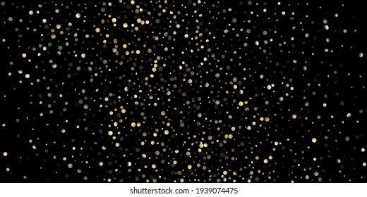 Gold Confetti Shower on Black. Golden Sequins, Falling Down Xmas Stars. Elegant New Year Christmas Celebration Texture. VIP Gold, Silver Glitter Winter Confetti. Golden Sequins, Falling Stars