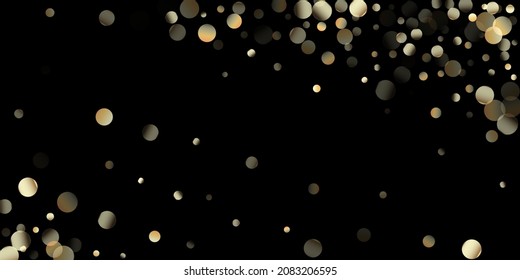 Ducha de Confetti de oro en negro. VIP Gold, Silver Bokeh Winter Confetti. Secuencias De Oro, Cayendo Las Estrellas De Navidad. Textura de la Celebración de Navidad de Año Nuevo de lujo. Secuencias doradas, estrellas en caída