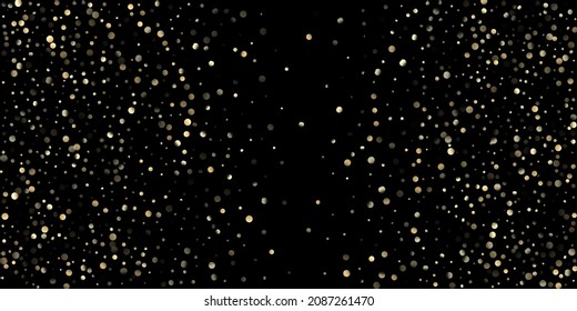 Gold Confetti Shower on Black. Golden Oil Bubbles, Omega 3 Vitamins. Premium New Year Christmas Celebration Garland. Rich Gold, Silver Bokeh Winter Confetti. Golden Omega 3 Oil Bubbles