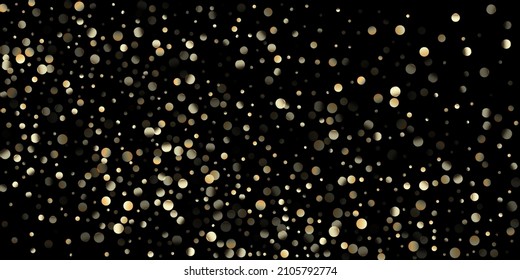 Gold Confetti Shower on Black. Rich Gold, Silver Foil Winter Confetti. Elegant New Year Christmas Celebration Garland. Golden Sequins, Falling Down Xmas Stars. Golden Sequins, Falling Stars