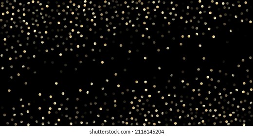 Gold Confetti Shower on Black. Rich Gold, Silver Sparkles Winter Confetti. Glamour New Year Christmas Celebration Garland. Golden Circles, Falling Christmas Bokeh. Golden Circles, Christmas Bokeh