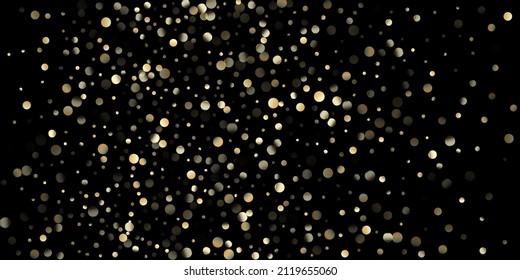 Gold Confetti Shower on Black. Glamour New Year Christmas Celebration Texture. Golden Circles, Falling Christmas Bokeh. VIP Gold, Silver Foil Winter Confetti. Golden Circles, Christmas Bokeh