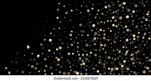 Gold Confetti Shower on Black. Expensive New Year Christmas Celebration Texture. Golden Oil Bubbles, Omega 3 Vitamins. Rich Gold, Silver Sparkles Winter Confetti. Golden Omega 3 Oil Bubbles