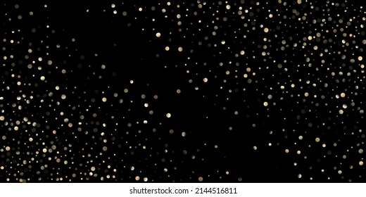 Gold Confetti Shower on Black. Sparkling New Year Christmas Celebration Pattern. Golden Circles, Falling Christmas Bokeh. VIP Gold, Silver Glitter Winter Confetti. Golden Circles, Christmas Bokeh