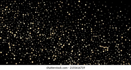 Gold Confetti Shower on Black. Golden Sequins, Falling Down Xmas Stars. Elegant New Year Christmas Celebration Pattern. Rich Gold, Silver Sequins Winter Confetti. Golden Sequins, Falling Stars