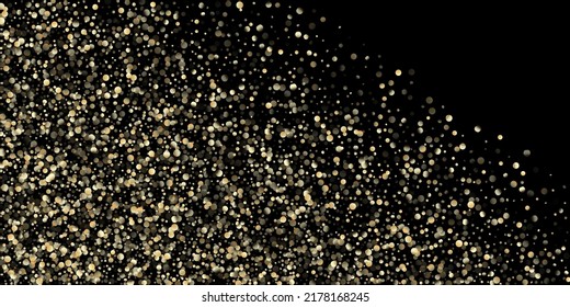 Gold Confetti Shower on Black. Golden Circles, Falling Christmas Bokeh. Elegant New Year Christmas Celebration Background. VIP Gold, Silver Sequins Winter Confetti. Golden Circles, Christmas Bokeh