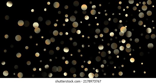 Gold Confetti Shower on Black. Expensive New Year Christmas Celebration Decoration. Golden Oil Bubbles, Omega 3 Vitamins. Rich Gold, Silver Sparkles Winter Confetti. Golden Omega 3 Oil Bubbles