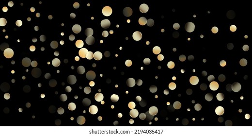 Gold Confetti Shower on Black. Golden Oil Bubbles, Omega 3 Vitamins. Rich Gold, Silver Bokeh Winter Confetti. Sparkling New Year Christmas Celebration Garland. Golden Omega 3 Oil Bubbles