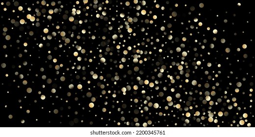 Gold Confetti Shower on Black. Expensive New Year Christmas Celebration Border. Golden Sequins, Falling Down Xmas Stars. VIP Gold, Silver Sequins Winter Confetti. Golden Sequins, Falling Stars