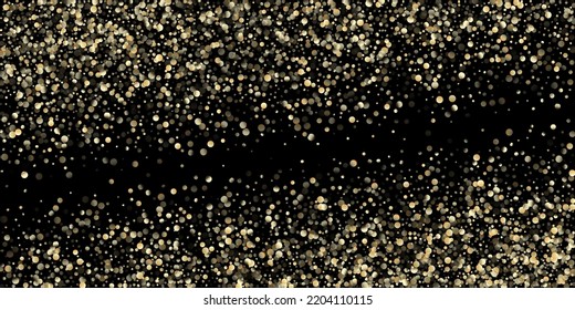 Ducha de Confetti de oro en negro. VIP Gold, Silver Foil Winter Confetti. Secuencias De Oro, Cayendo Las Estrellas De Navidad. Textura de la celebración de Navidad de Año Nuevo Premium. Secuencias doradas, estrellas en caída