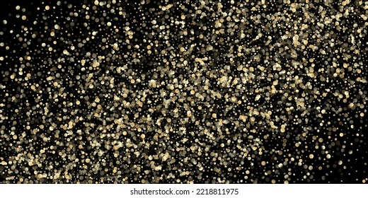 Gold Confetti Shower on Black. Rich Gold, Silver Glitter Winter Confetti. Elegant New Year Christmas Celebration Pattern. Golden Sequins, Falling Down Xmas Stars. Golden Sequins, Falling Stars