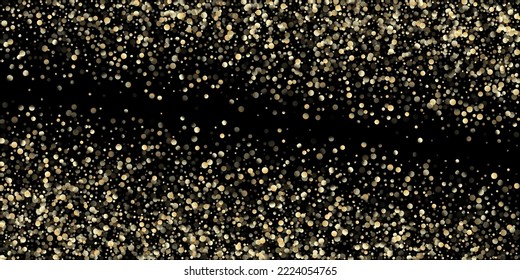 Gold Confetti Shower on Black. Rich Gold, Silver Sparkles Winter Confetti. Luxury New Year Christmas Celebration Texture. Golden Circles, Falling Christmas Bokeh. Golden Circles, Christmas Bokeh