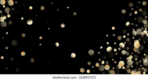 Gold Confetti Shower on Black. Golden Sequins, Falling Down Xmas Stars. Glamour New Year Christmas Celebration Background. Rich Gold, Silver Glitter Winter Confetti. Golden Sequins, Falling Stars