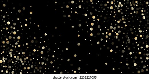 Gold Confetti Shower on Black. VIP Gold, Silver Glitter Winter Confetti. Glamour New Year Christmas Celebration Frame. Golden Circles, Falling Christmas Bokeh. Golden Circles, Christmas Bokeh