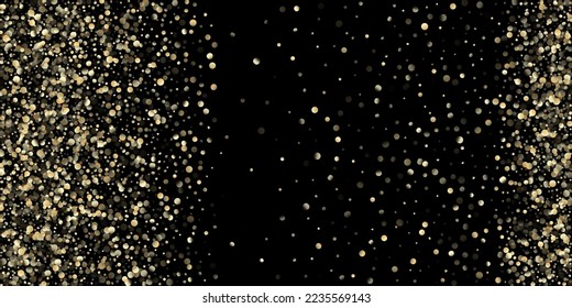 Gold Confetti Shower on Black. Luxury New Year Christmas Celebration Border. Golden Oil Bubbles, Omega 3 Vitamins. Rich Gold, Silver Bokeh Winter Confetti. Golden Omega 3 Oil Bubbles
