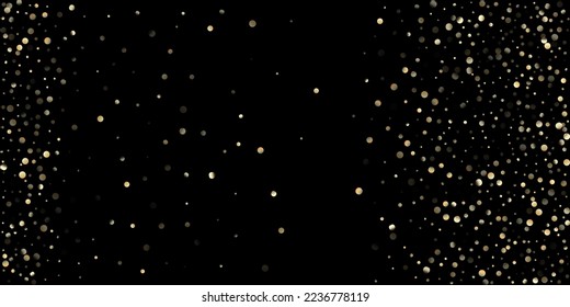 Gold Confetti Shower on Black. Premium New Year Christmas Celebration Decoration. Rich Gold, Silver Sparkles Winter Confetti. Golden Circles, Falling Christmas Bokeh. Golden Circles, Christmas Bokeh