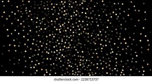 Gold Confetti Shower on Black. VIP Gold, Silver Glitter Winter Confetti. Premium New Year Christmas Celebration Decoration. Golden Circles, Falling Christmas Bokeh. Golden Circles, Christmas Bokeh