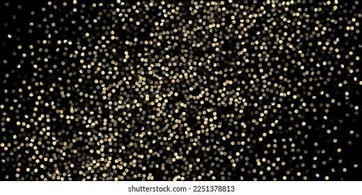 Gold Confetti Shower on Black. Rich Gold, Silver Glitter Winter Confetti. Expensive New Year Christmas Celebration Texture. Golden Circles, Falling Christmas Bokeh. Golden Circles, Christmas Bokeh