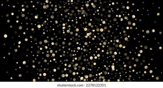 Gold Confetti Shower on Black. Rich Gold, Silver Sequins Winter Confetti. Expensive New Year Christmas Celebration Garland. Golden Circles, Falling Christmas Bokeh. Golden Circles, Christmas Bokeh