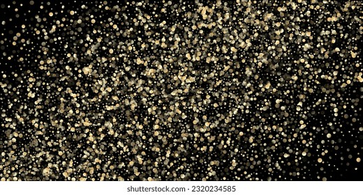 Gold Confetti Shower on Black. VIP Gold, Silver Glitter Winter Confetti. Expensive New Year Christmas Celebration Decoration. Golden Oil Bubbles, Omega 3 Vitamins. Golden Omega 3 Oil Bubbles
