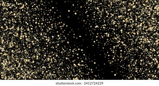 Gold Confetti Shower on Black. Glamour New Year Christmas Celebration Pattern. VIP Gold, Silver Bokeh Winter Confetti. Golden Sequins, Falling Down Xmas Stars. Golden Sequins, Falling Stars