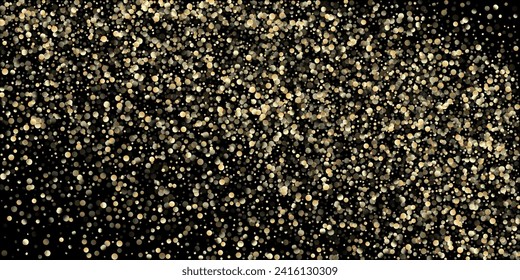 Gold Confetti Shower on Black. Golden Oil Bubbles, Omega 3 Vitamins. VIP Gold, Silver Sequins Winter Confetti. Premium New Year Christmas Celebration Garland. Golden Omega 3 Oil Bubbles