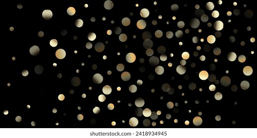 Gold Confetti Shower on Black. Rich Gold, Silver Sparkles Winter Confetti. Expensive New Year Christmas Celebration Pattern. Golden Oil Bubbles, Omega 3 Vitamins. Golden Omega 3 Oil Bubbles